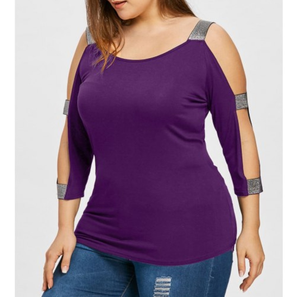 NWT Plus Size Ladder Cut T-shirt Violet w/ Silver - Picture 3 of 5